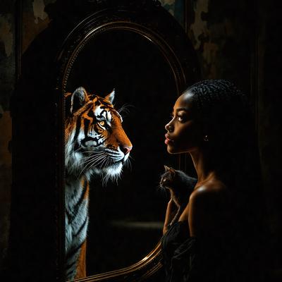 The primary subject of the image is a woman standing in front of a mirror. She is looking at her reflection, which shows a tiger behind her. The setting is a dark room, and the visual style appears to be a photo. The dominant colors are black and orange, creating a moody atmosphere.